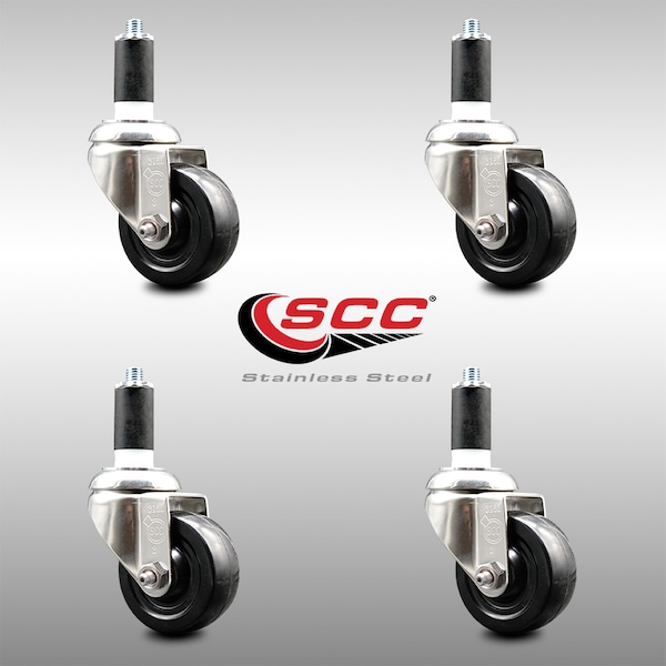 3 Inch 316SS Hard Rubber Wheel Swivel 1-3/8 Inch Expanding Stem Caster Set SCC
